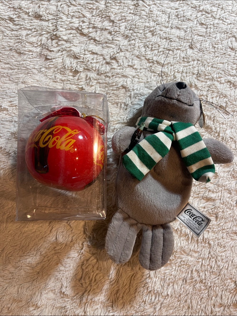 Coca-Cola Red Holiday Ornament with Gray Seal Plush collectors bundle